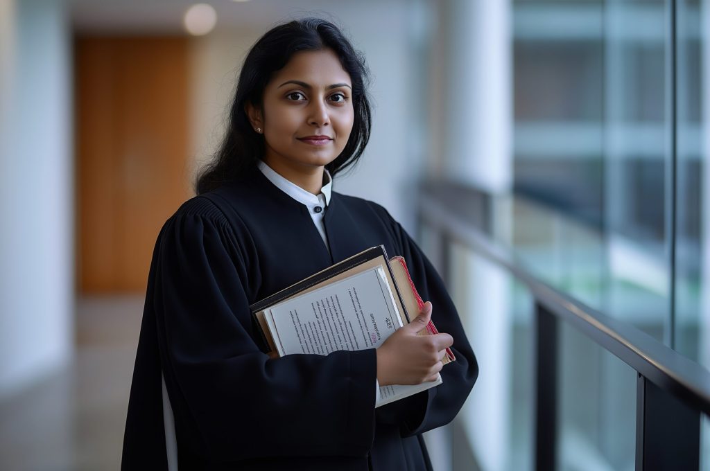 Professional Indian lawyer in black robes holding legal books, prepared for courtroom defense