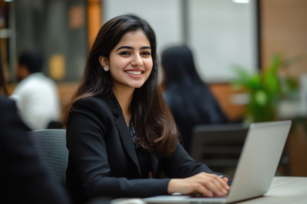 Indian business woman laptop meeting person.
